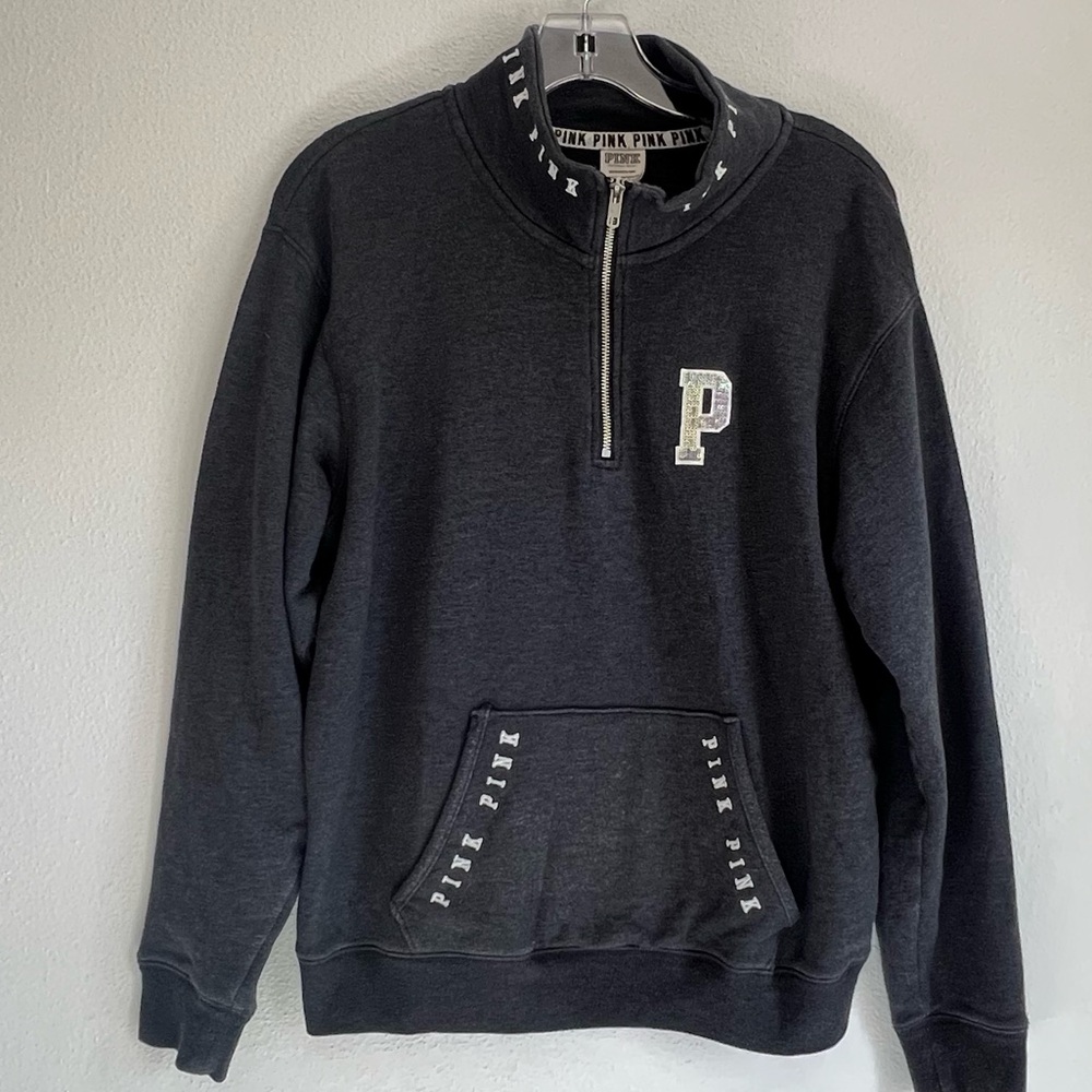 Victoria's Secret Pink Sequined Long Sleeve 1/4 Zip Charcoal‎ Sweatshirt Size S